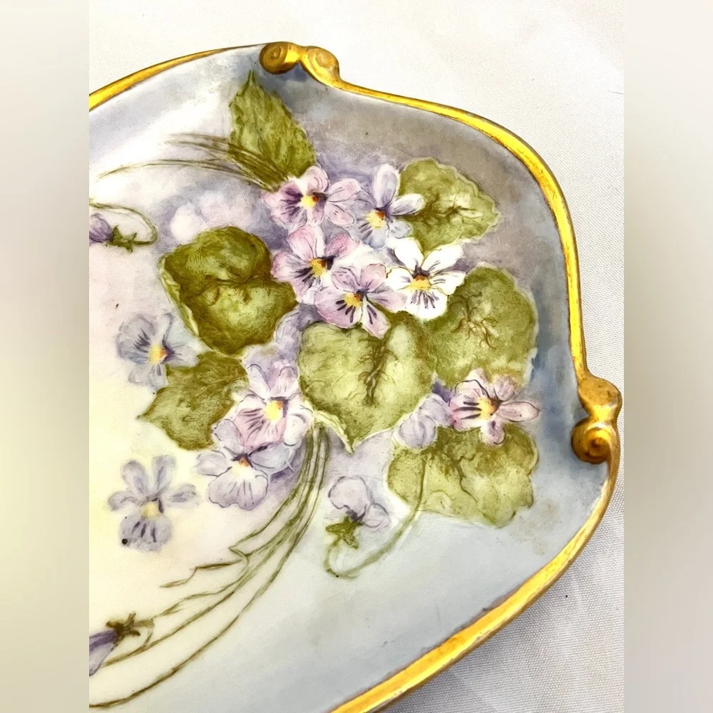 Vanity Dish w/ Violets Floral Hand-Painted & Signed by B. Phillippe, VTG EUC